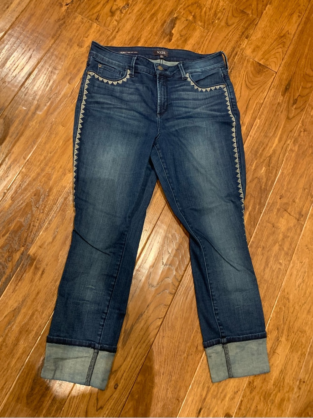 NYDJ Dark Blue Embroidered Cuff Boyfriend Jeans